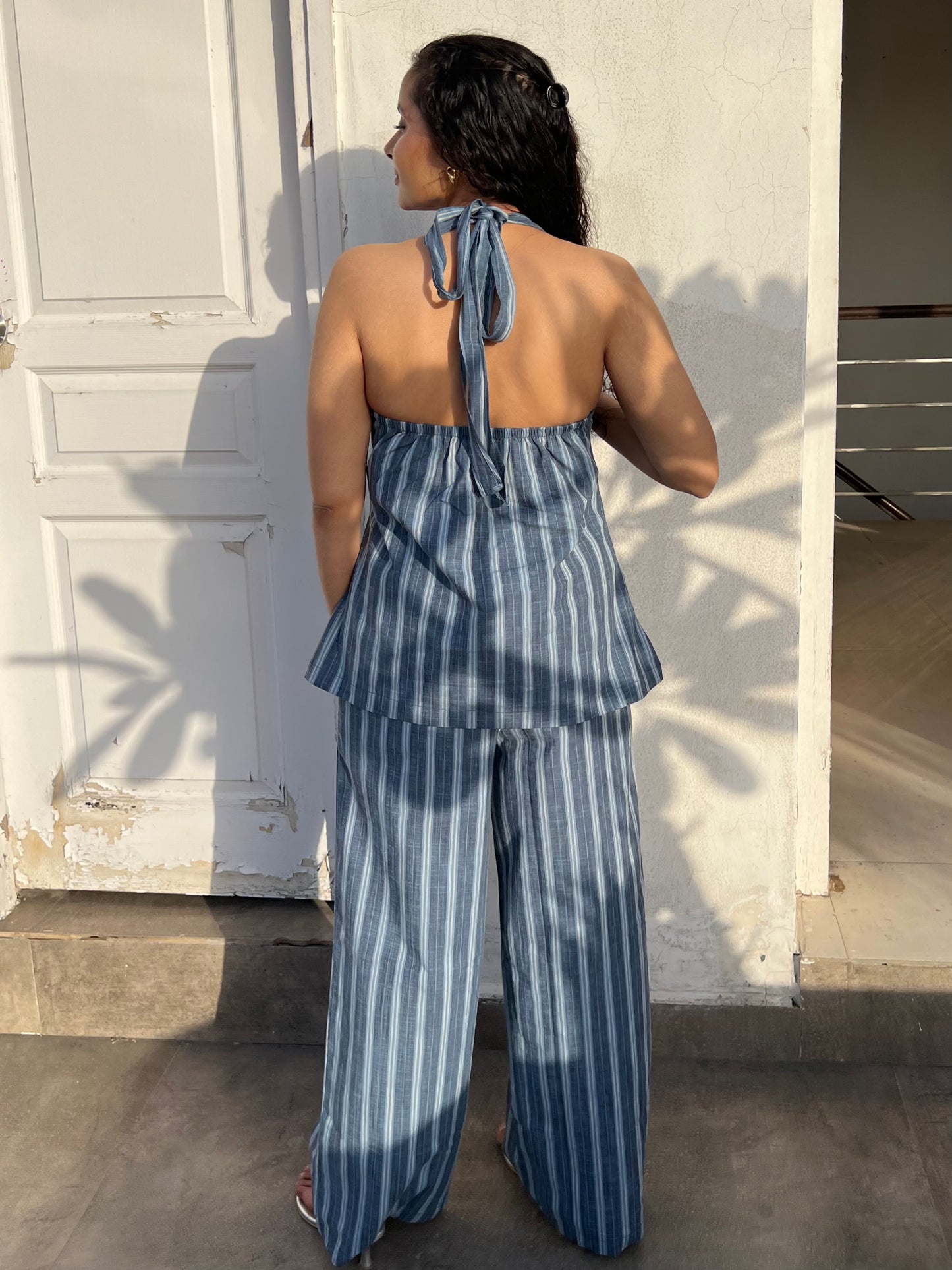 Blue Pure Cotton Stripes Tie up & Pants Set