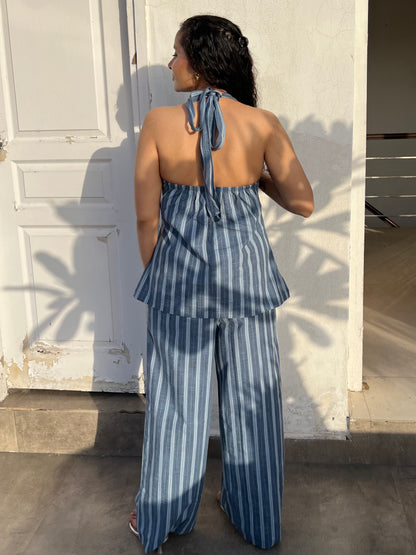 Blue Pure Cotton Stripes Tie up & Pants Set