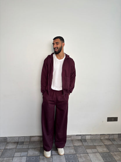 Unisex Burgundy Zipper Hoodie Cotton Fleece SET (Medium Warmth)