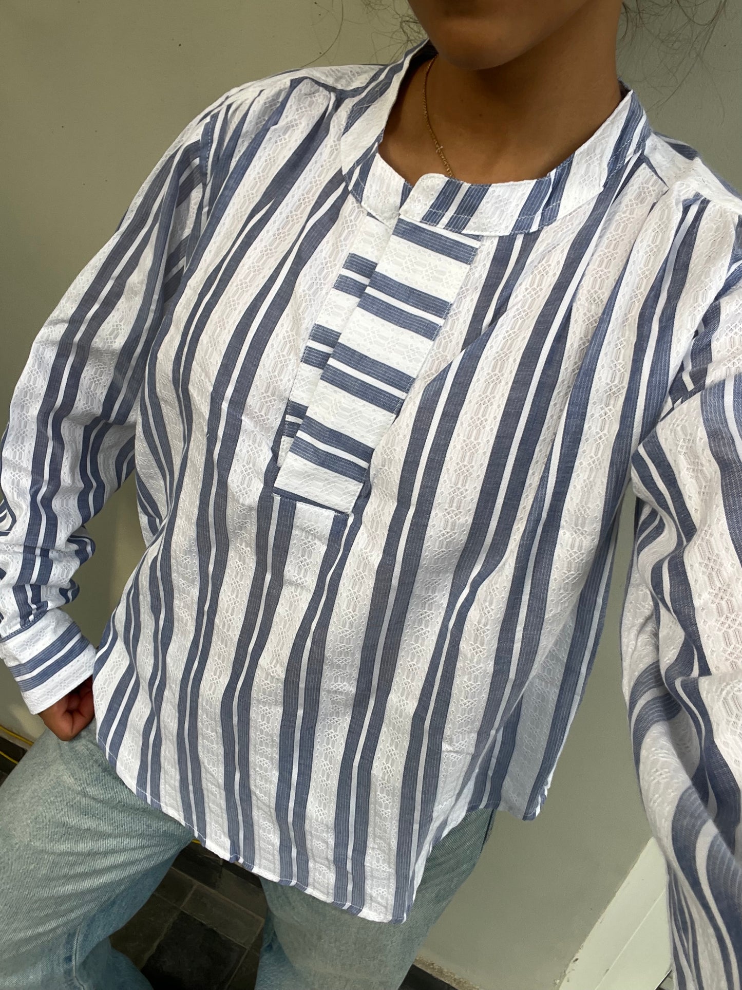 Blue & White Striped Cotton Linen Tunic with lace detailing