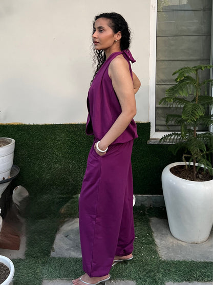 Plum Cotton Terry Tie-Up Top & Balloon Pants Set