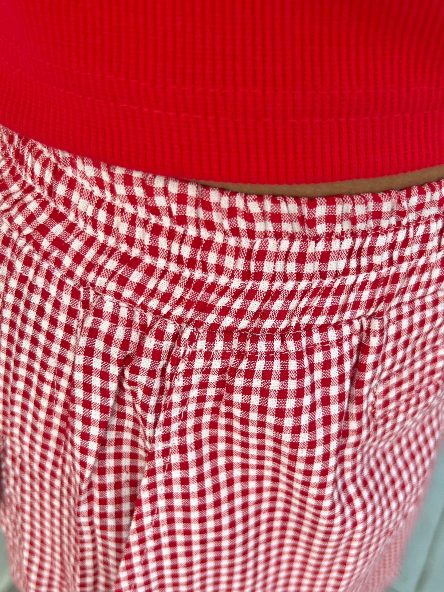 Red Half Sleeves Gingham Pant Set