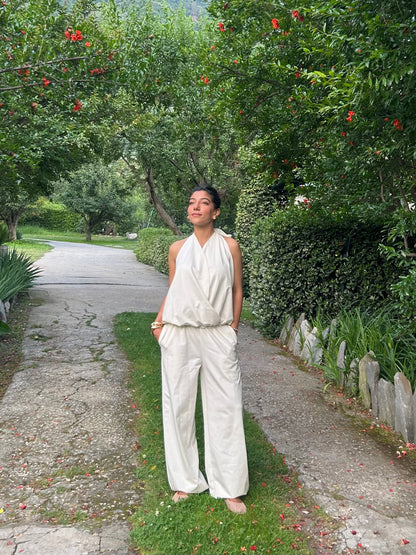 Cream Cotton Tie-Up Top & Balloon Pants Set