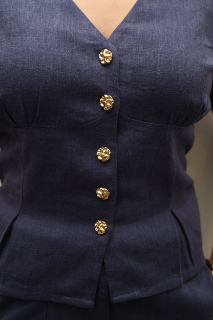 Navy Blue Cotton Linen Blend Sculpted Set