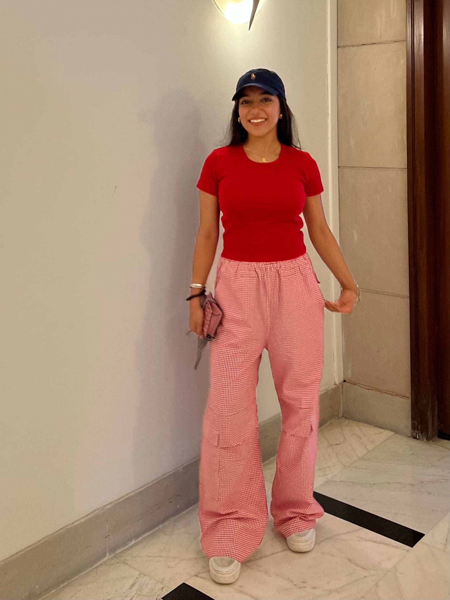 Red Half Sleeves Gingham Pant Set