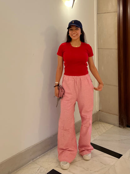 Red Half Sleeves Gingham Pant Set
