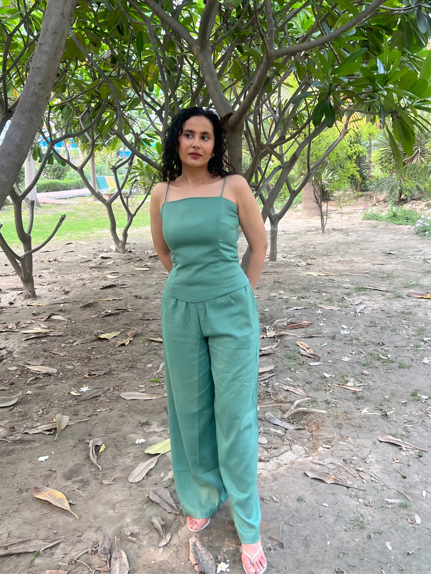 Sage Green Pure Cotton Boned Corset Top & Pants Set
