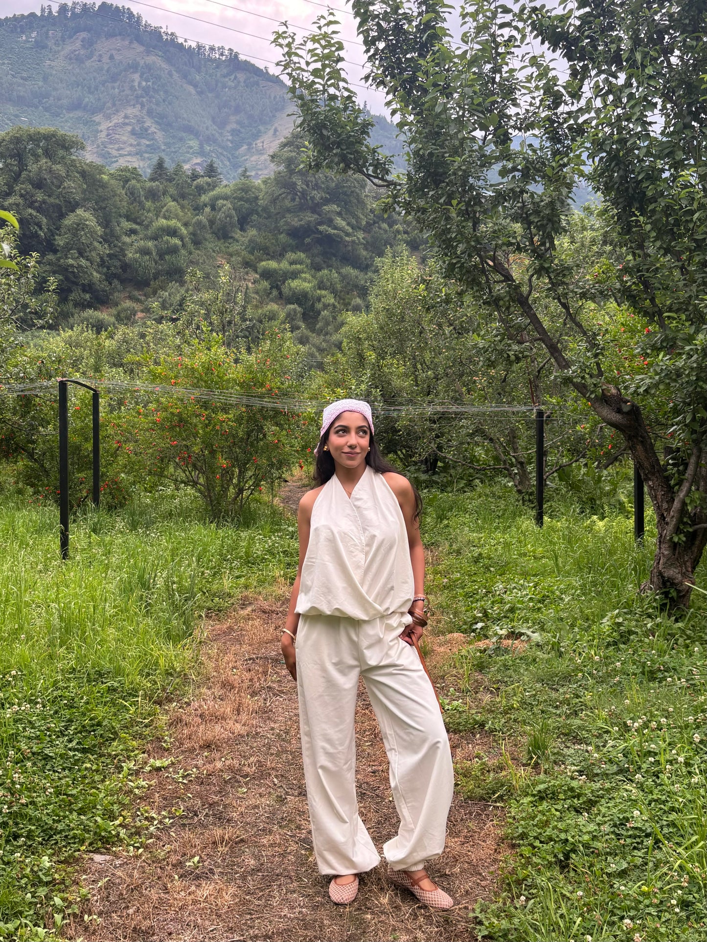 Cream Cotton Tie-Up Top & Balloon Pants Set