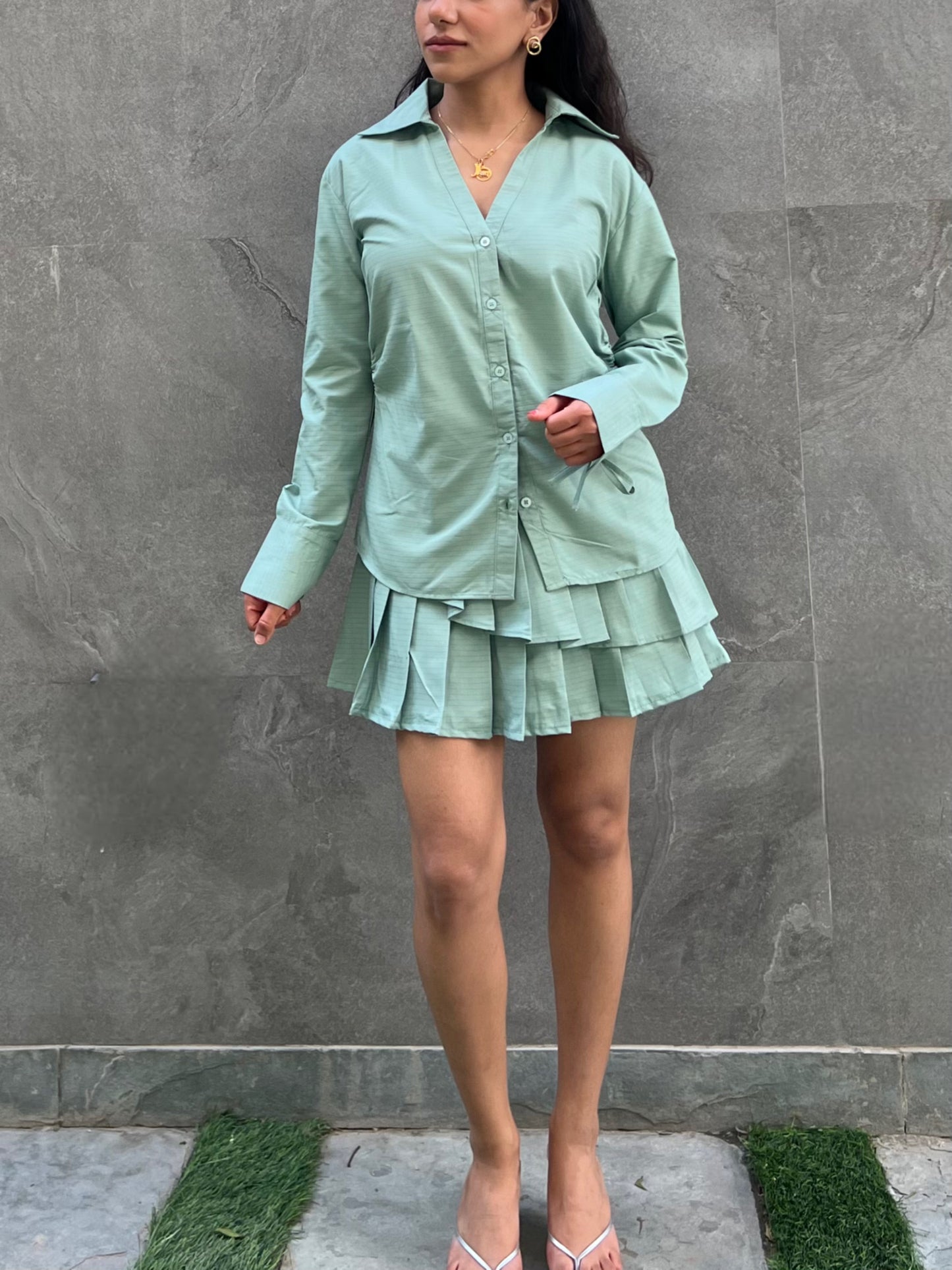 Sage Stripes Cotton Poplin Shirt & Pleated Skort Set
