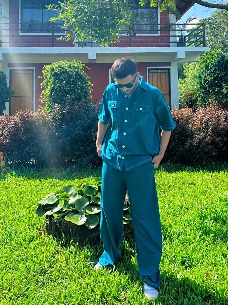French Terry Men's Shirt Co-ord Teal Blue