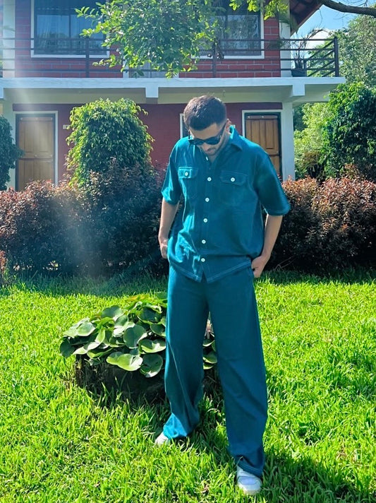 French Terry Men's Shirt Co-ord Teal Blue