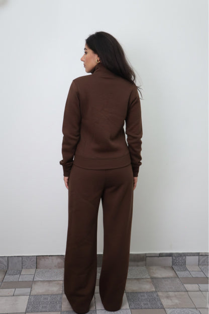 Brown Zipper Jacket Cotton Fleece SET