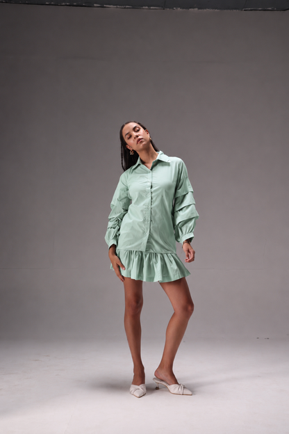 Sage Green Stripes Cotton Poplin Ruffle Skort Set
