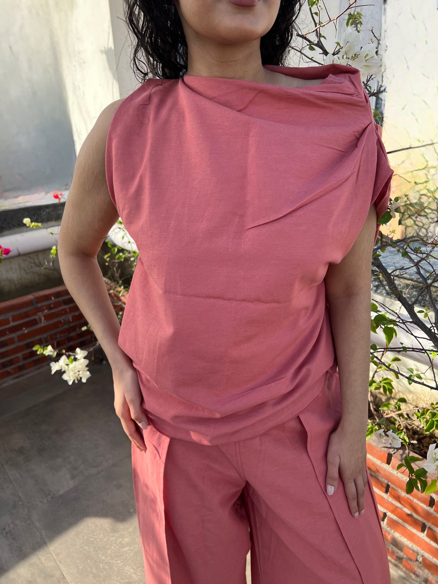 Dusty Rose Cotton Linen Draped Top & Pants Set