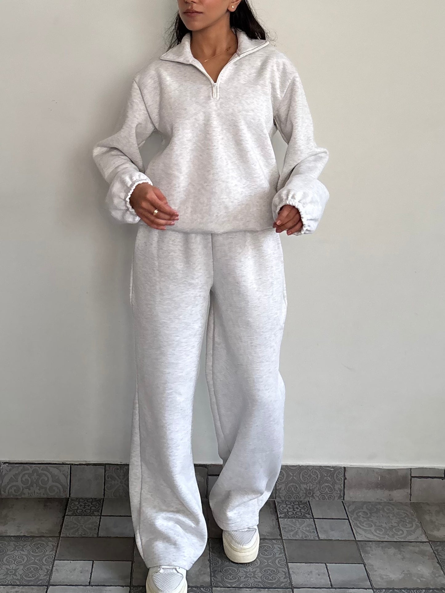 Unisex Grey Melange Half-Zip Cotton Fleece SET  (High Warmth)