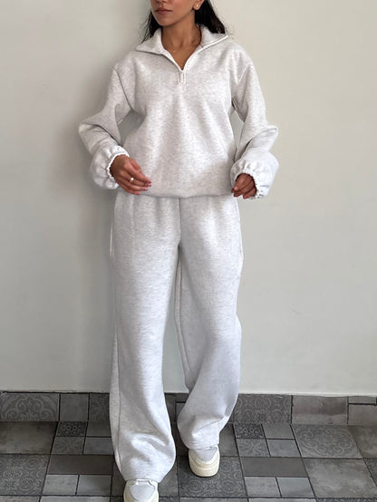 Unisex Grey Melange Half-Zip Cotton Fleece SET  (High Warmth)
