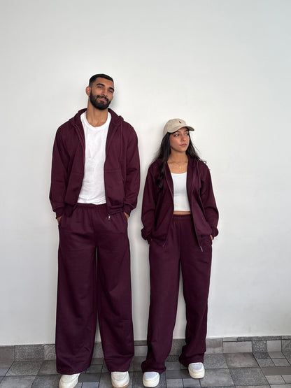 Unisex Burgundy Zipper Hoodie Cotton Fleece SET (Medium Warmth)