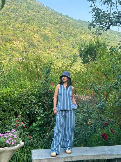 Blue Pure Cotton Stripes Tie up & Pants Set