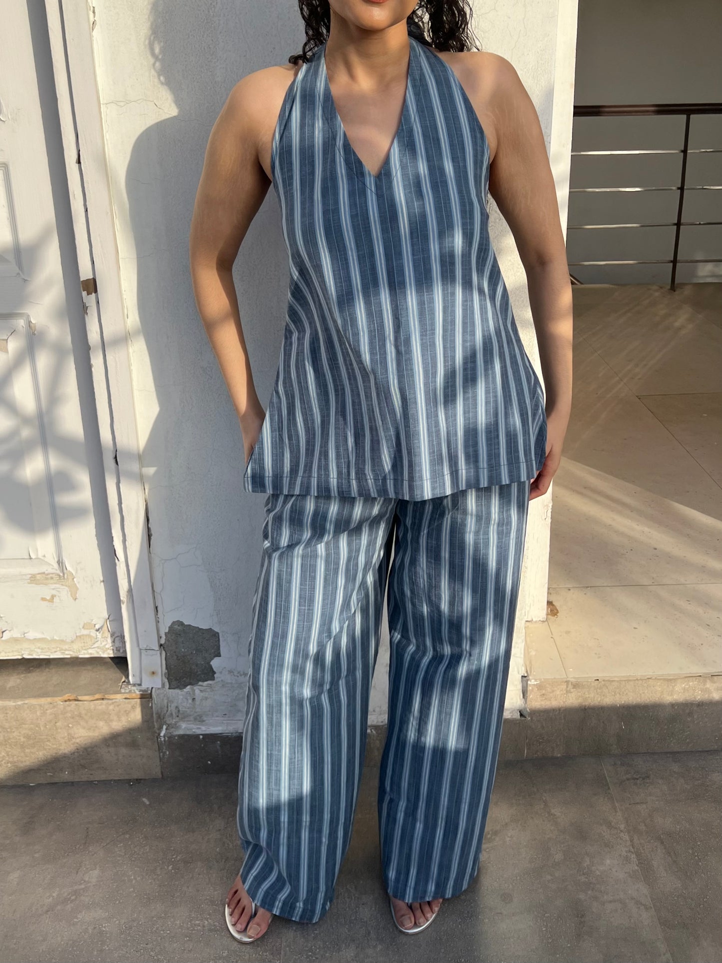 Blue Pure Cotton Stripes Tie up & Pants Set