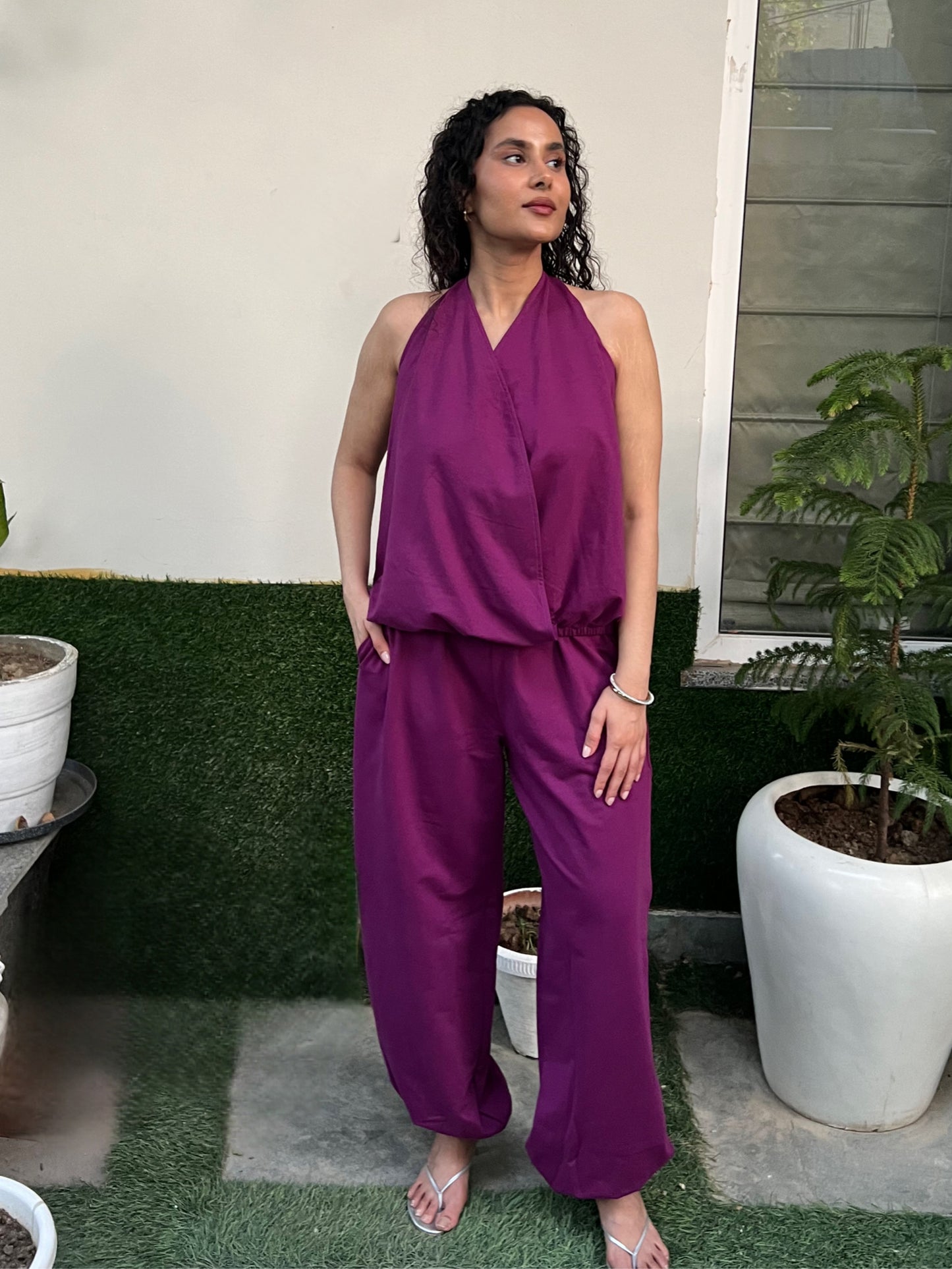 Plum Cotton Terry Tie-Up Top & Balloon Pants Set