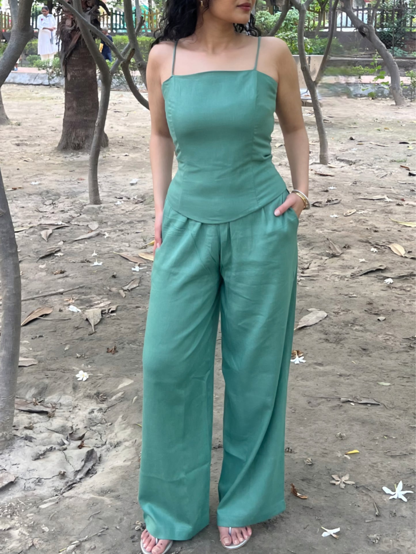 Sage Green Pure Cotton Boned Corset Top & Pants Set