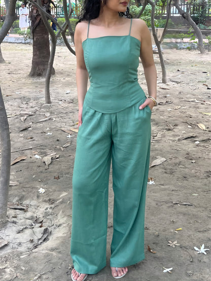 Sage Green Pure Cotton Boned Corset Top & Pants Set