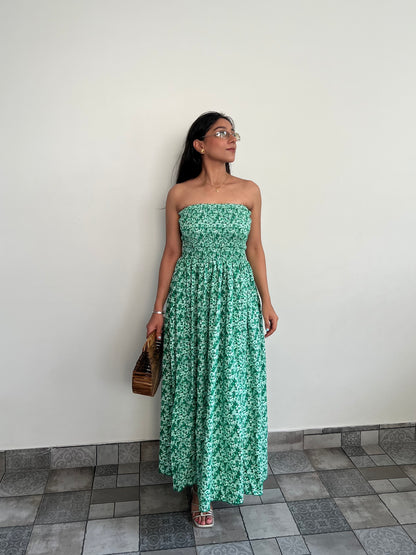 Tube smocking green print dress