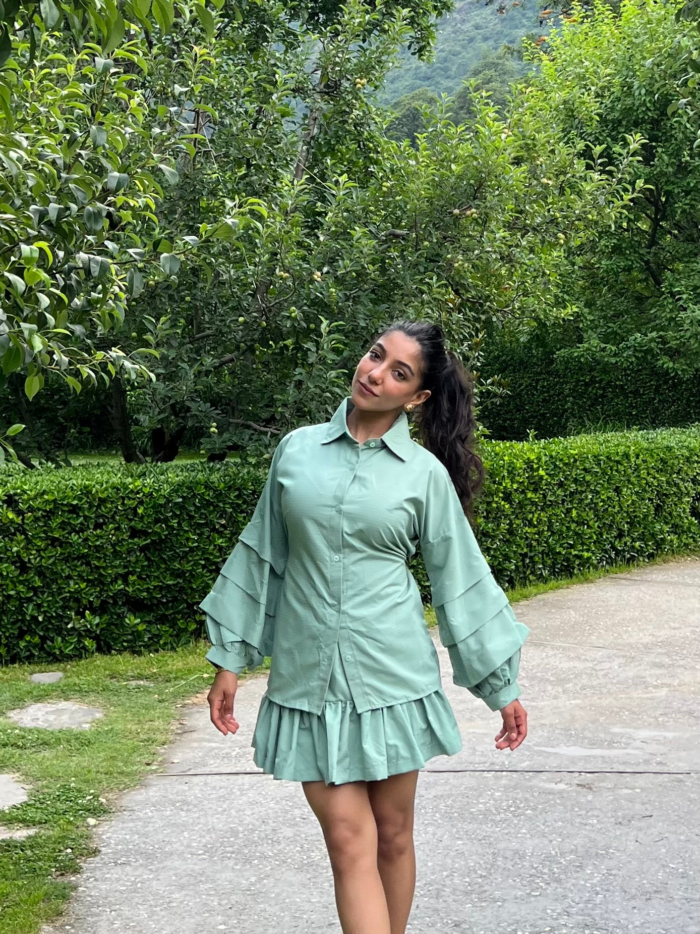 Sage Green Stripes Cotton Poplin Ruffle Skort Set