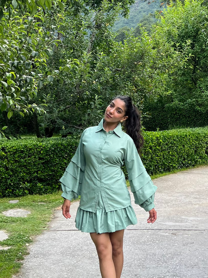 Sage Green Stripes Cotton Poplin Ruffle Skort Set