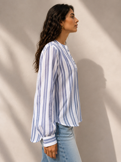 Blue & White Striped Cotton Linen Tunic with lace detailing