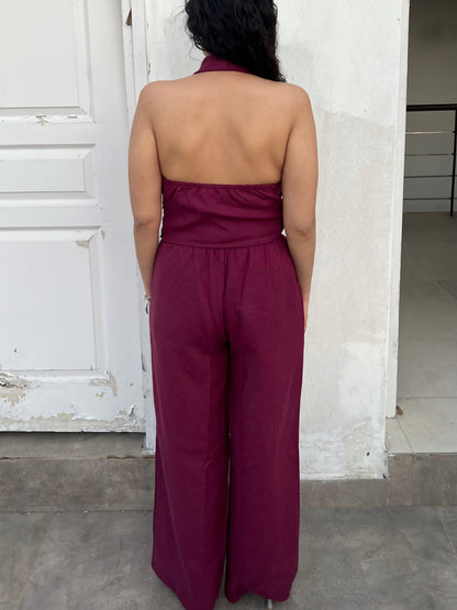Wine Cotton Linen Ruched Halter Top & Pants Set