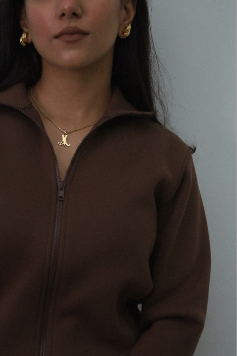 Brown Zipper Jacket Cotton Fleece SET