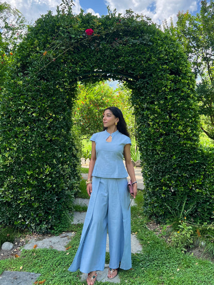 Powder Blue Pure Cotton Keyhole Shirt & Pants Set