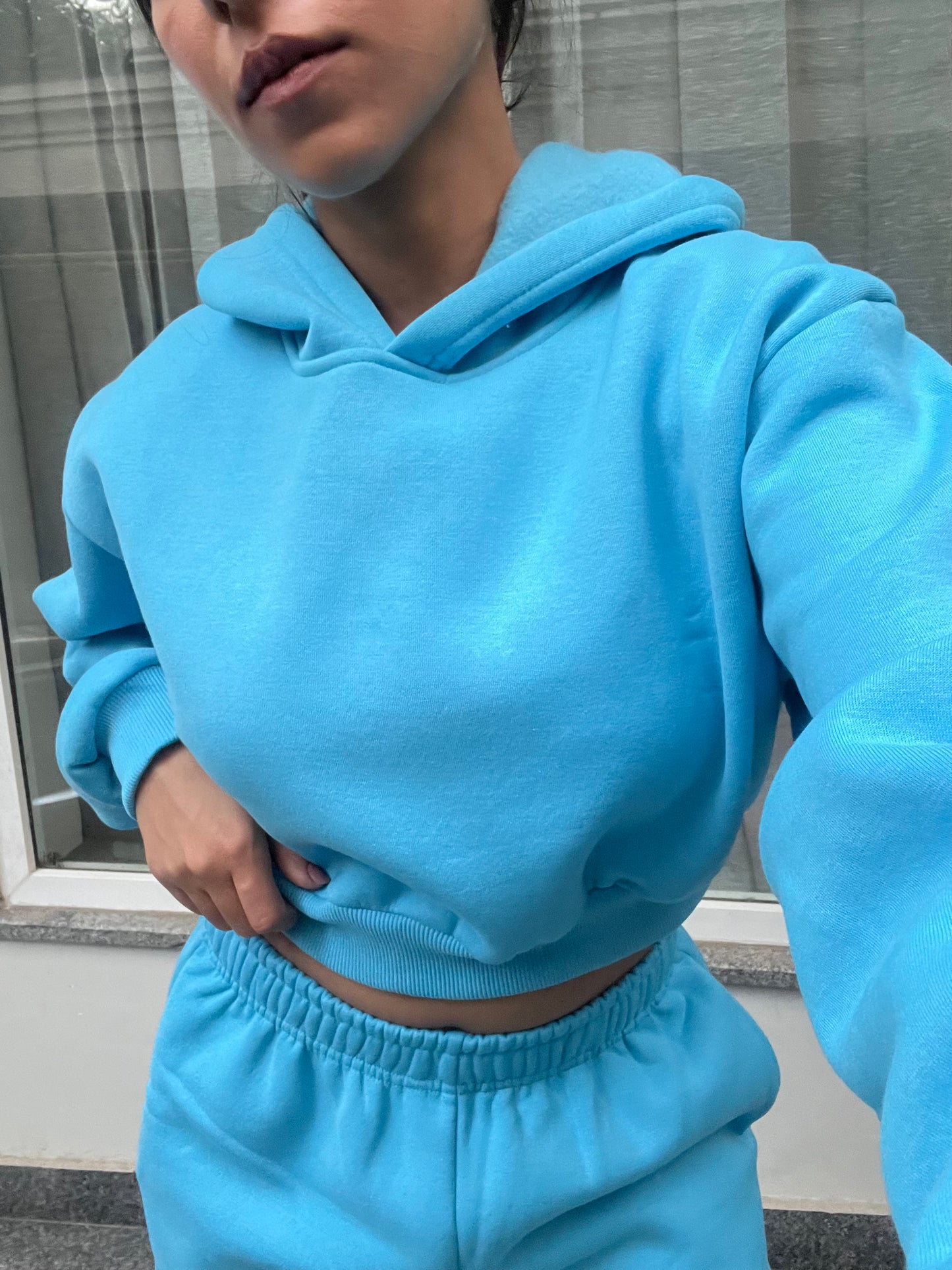 Light Blue Cropped Hoodie Cotton Fleece SET