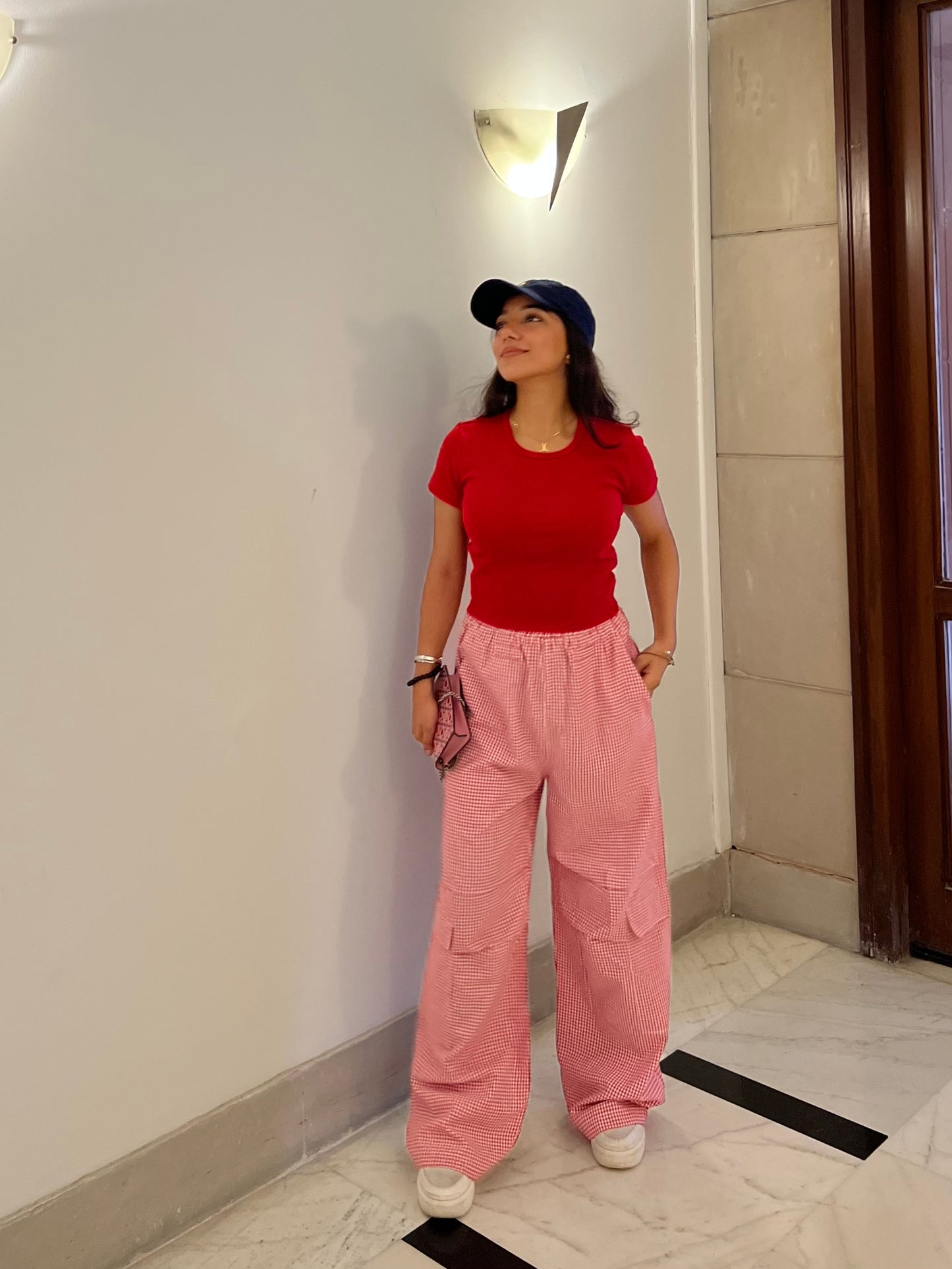 Red Half Sleeves Gingham Pant Set