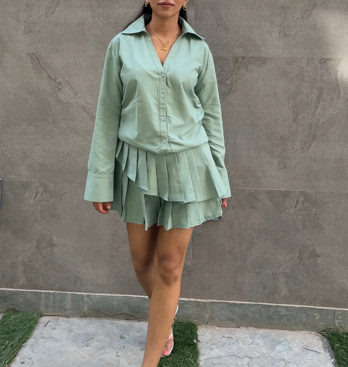 Sage Stripes Cotton Poplin Shirt & Pleated Skort Set
