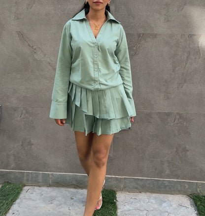 Sage Stripes Cotton Poplin Shirt & Pleated Skort Set