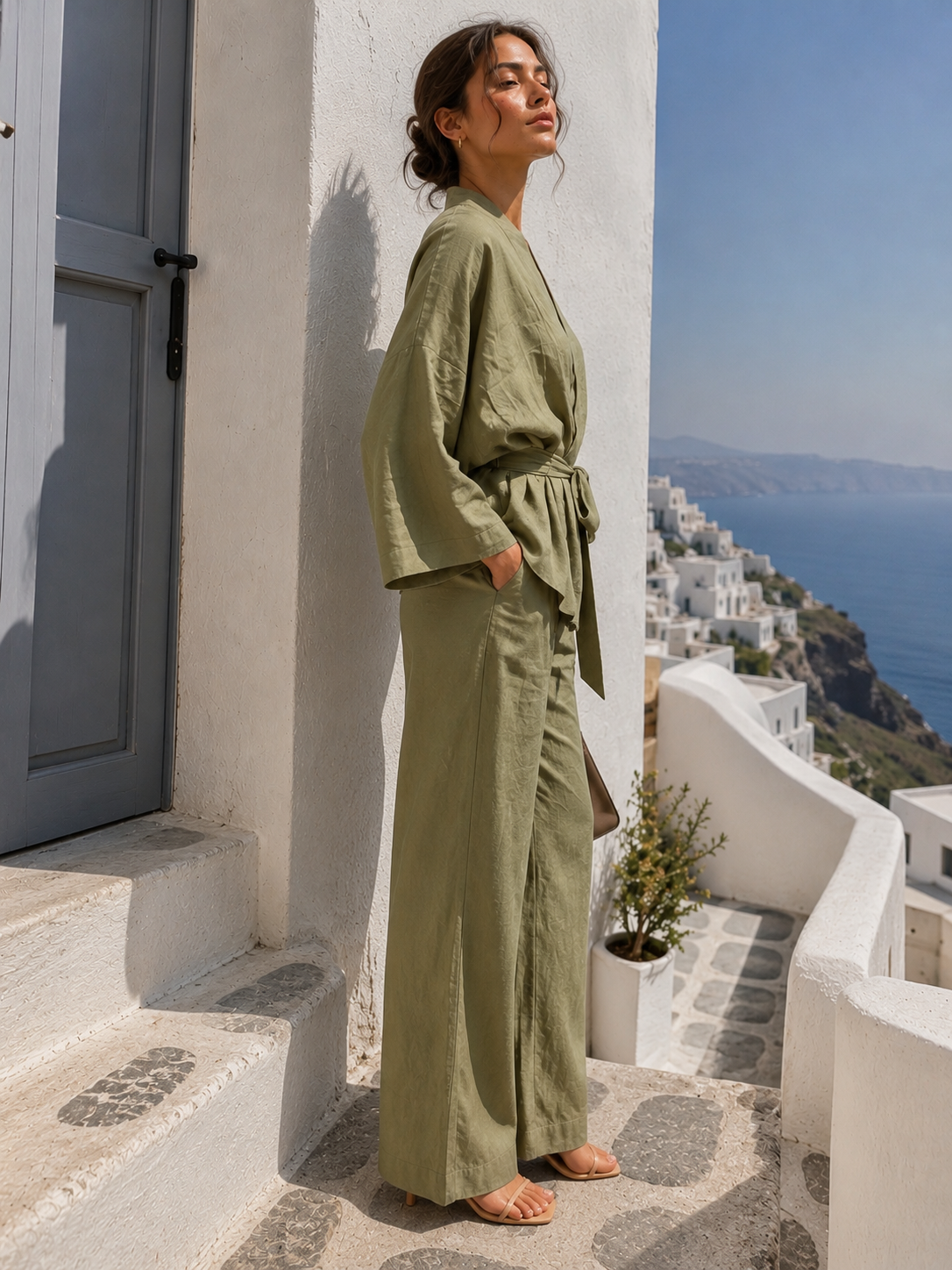 Olive Green Cotton Linen Kimono Set