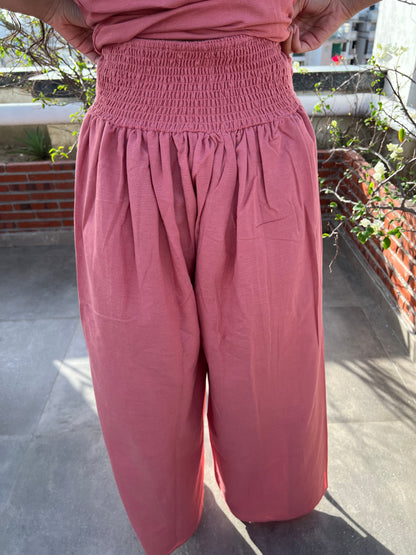Dusty Rose Cotton Linen Draped Top & Pants Set