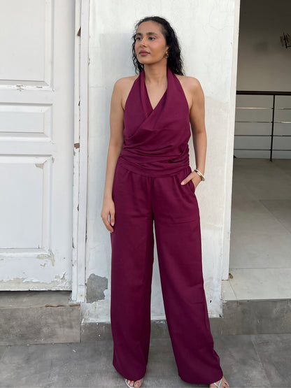 Wine Cotton Linen Ruched Halter Top & Pants Set