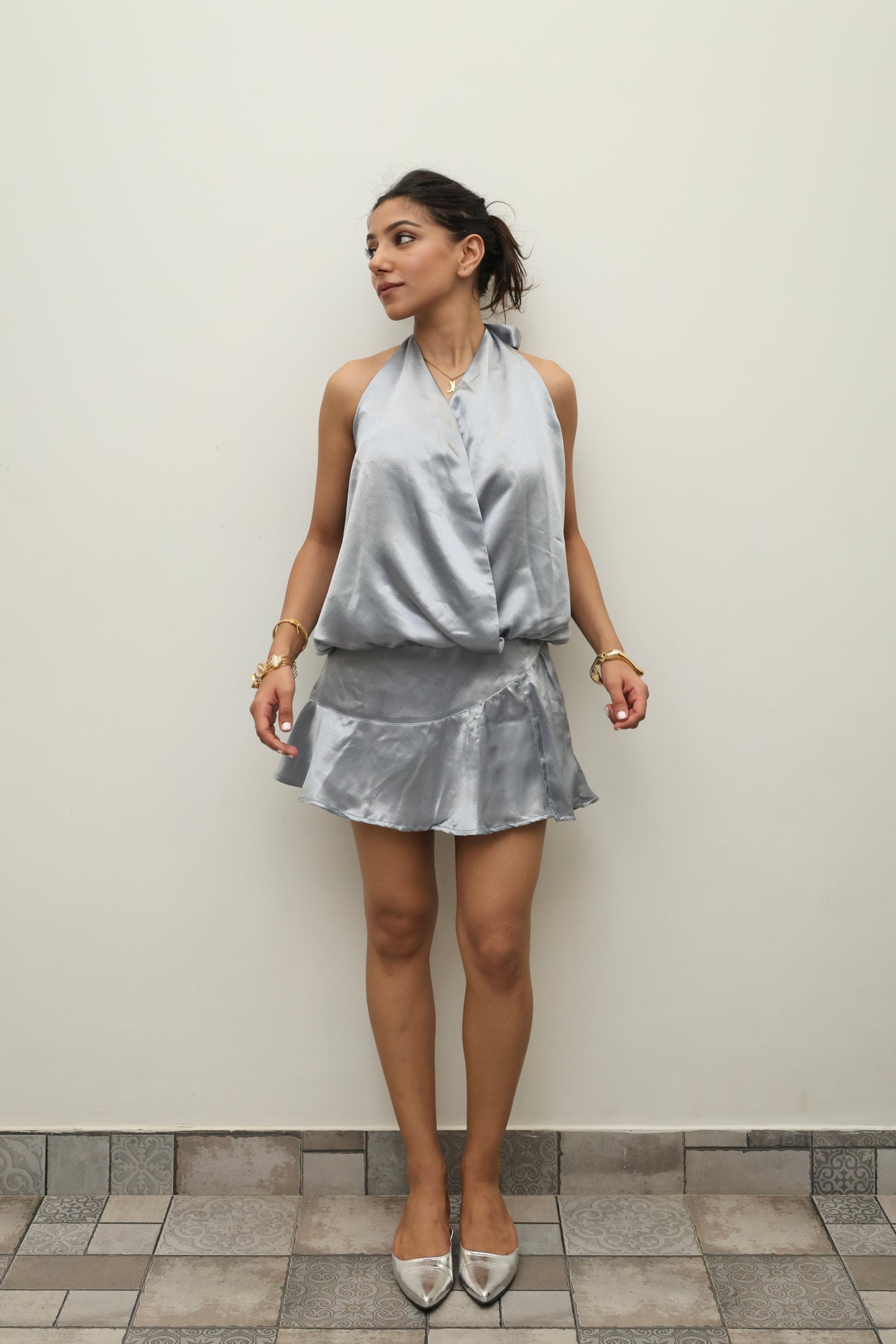 Subtle Silver Luxe Satin SKORT Set