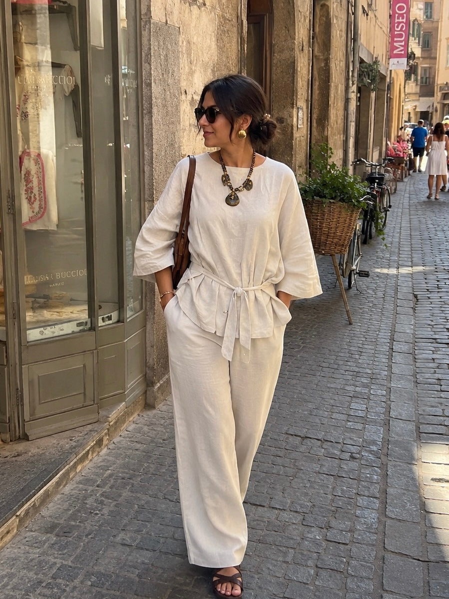 Ecru Cotton Linen Front Tie-Up Top & Pant Set