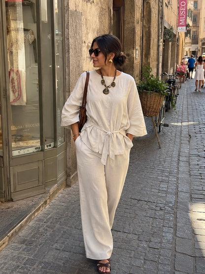 Ecru Cotton Linen Front Tie-Up Top & Pant Set