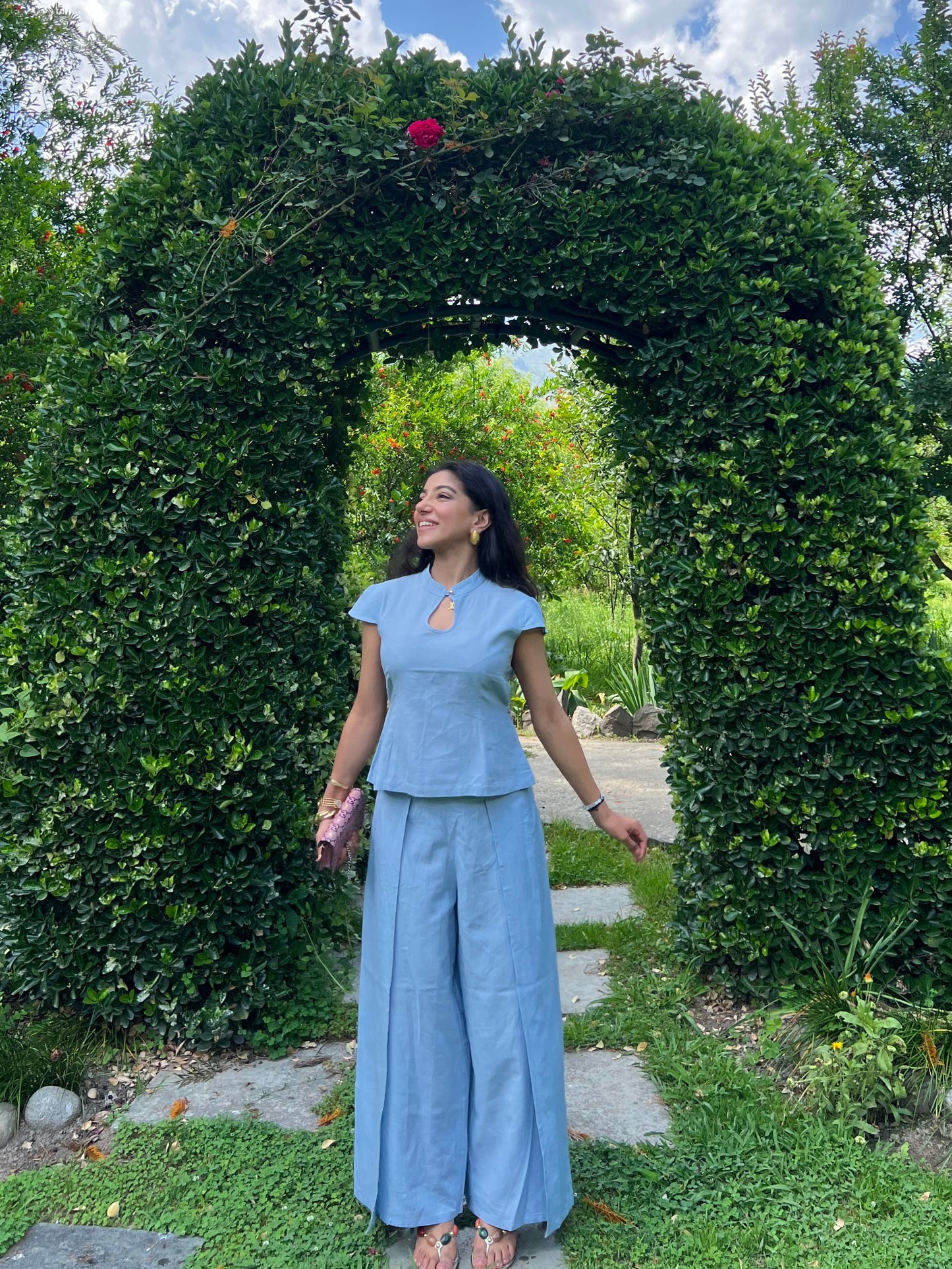 Powder Blue Pure Cotton Keyhole Shirt & Pants Set