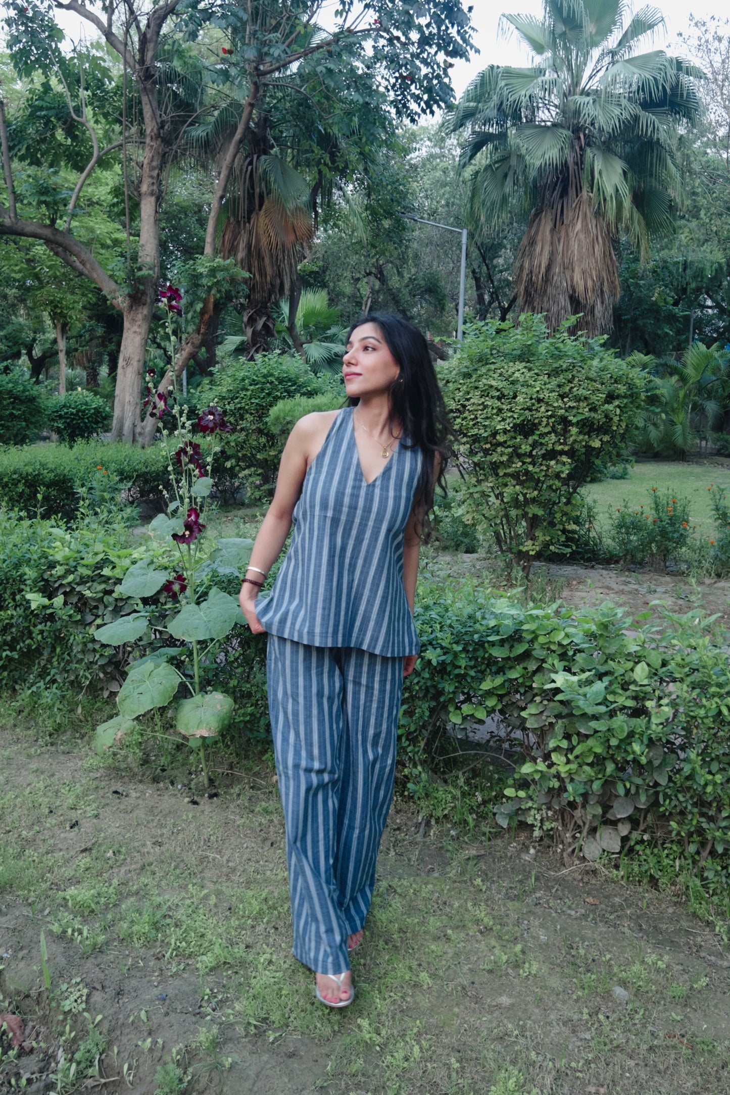 Blue Pure Cotton Stripes Tie up & Pants Set
