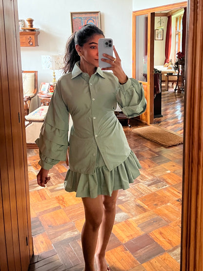 Sage Green Stripes Cotton Poplin Ruffle Skort Set