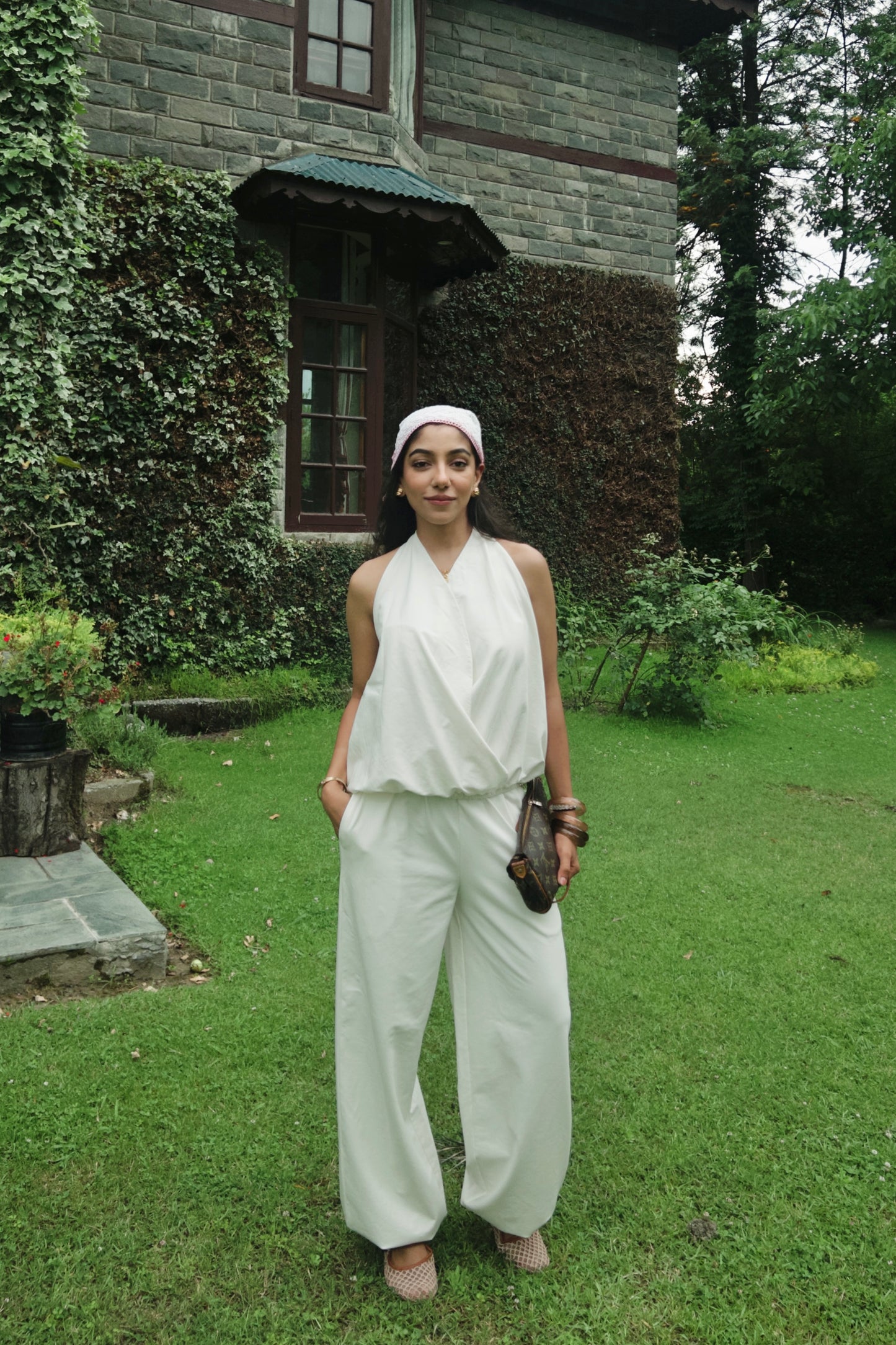 Cream Cotton Tie-Up Top & Balloon Pants Set