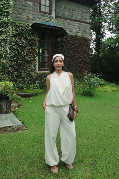 Cream Cotton Tie-Up Top & Balloon Pants Set