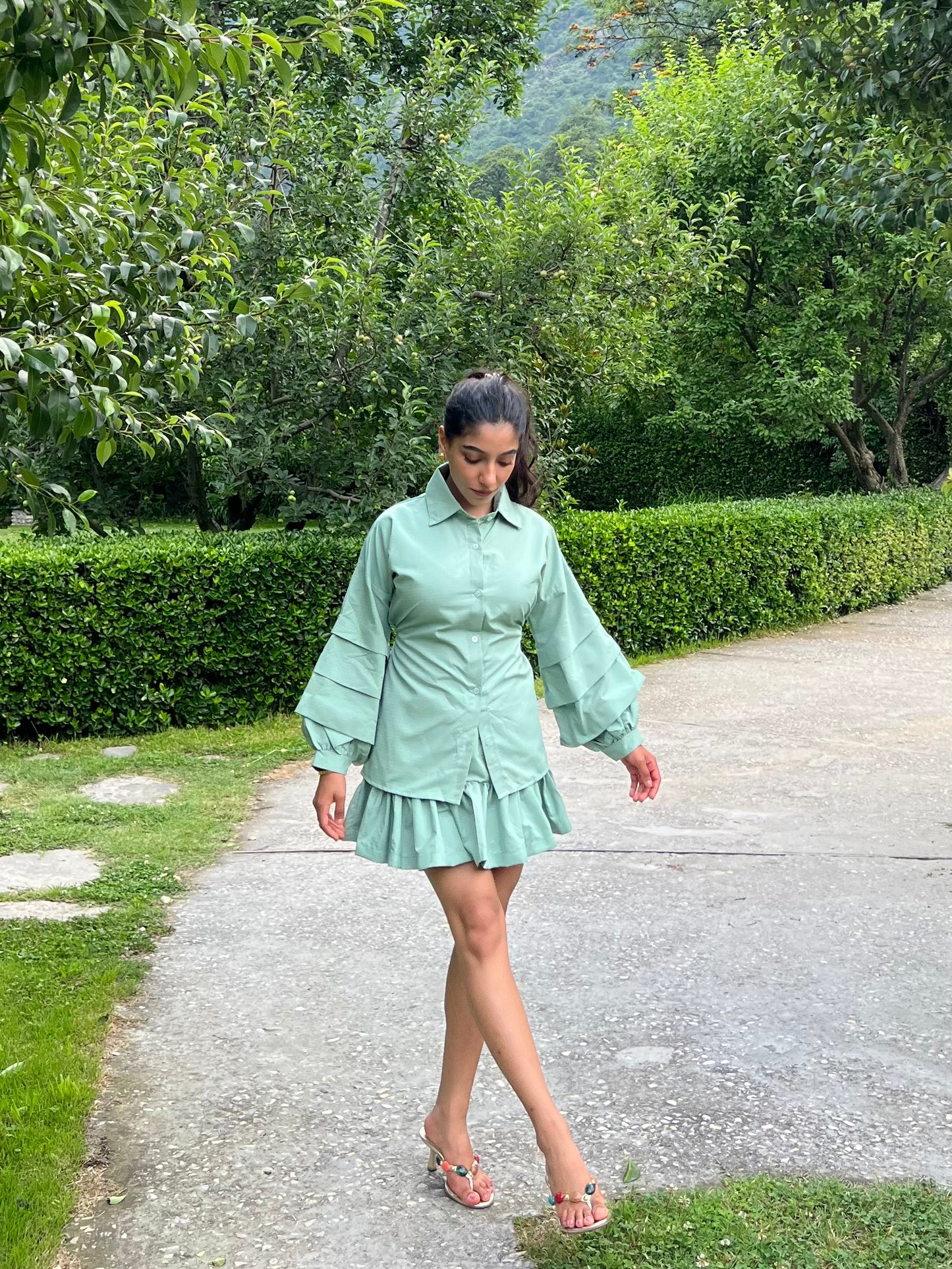 Sage Green Stripes Cotton Poplin Ruffle Skort Set