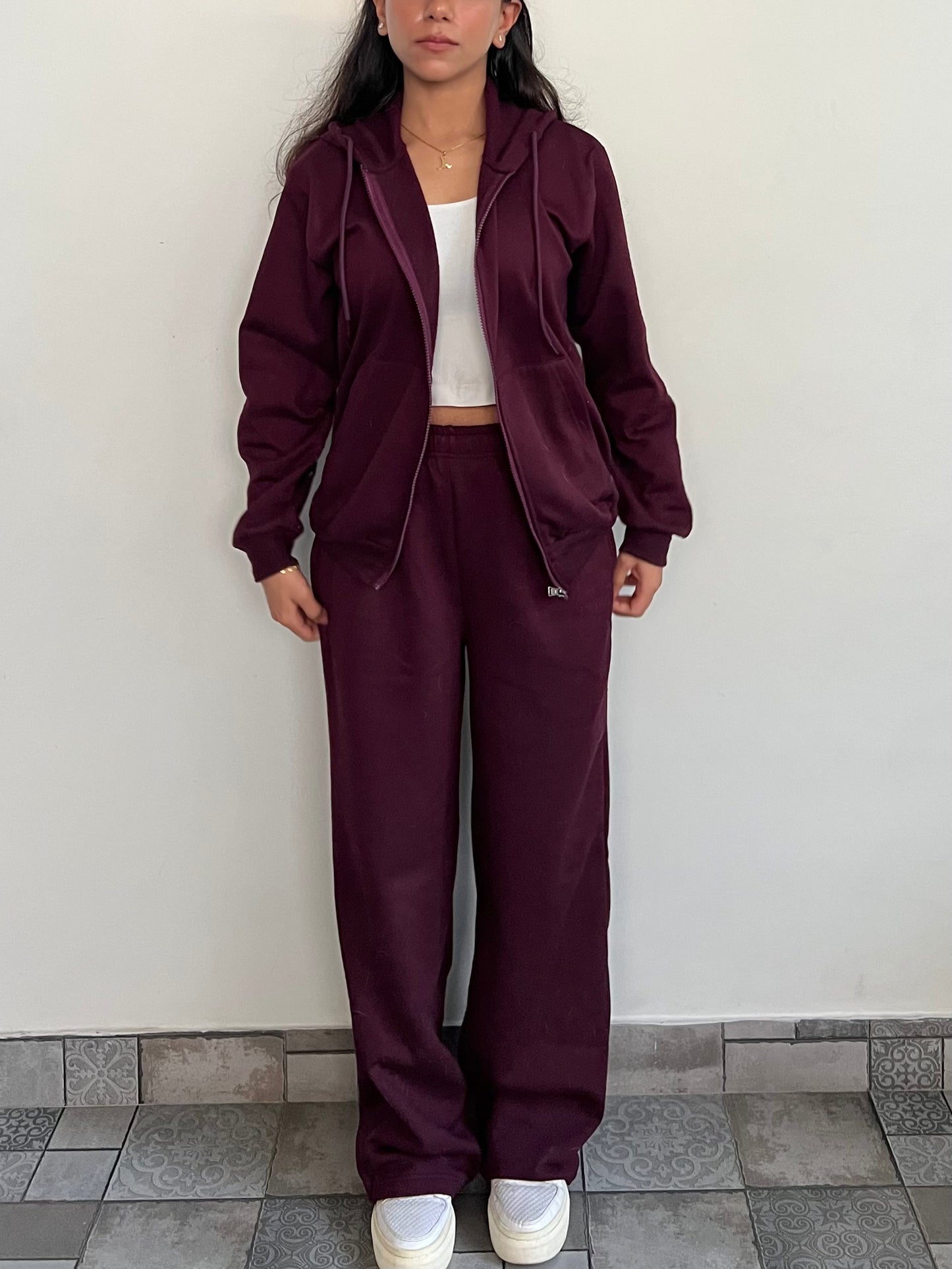 Unisex Burgundy Zipper Hoodie Cotton Fleece SET (Medium Warmth)